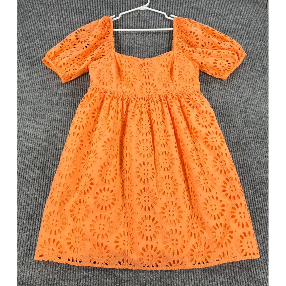 Lilly Pulitzer Kay Babydoll Dress Womens Size 8 Orange Knit Eyelet Puff Sleeve